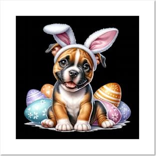 Puppy Pitbull Bunny Ears Easter Eggs Happy Easter Day Posters and Art